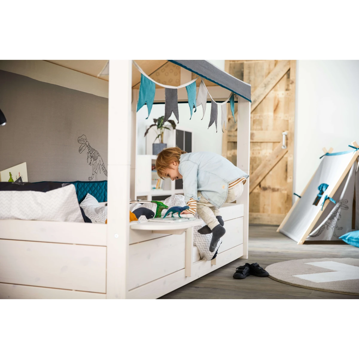 Lifetime Dino 4 en 1 lit pour toit en tissu, 90x200 cm avec cadre à lattes en rouleau Whitewash