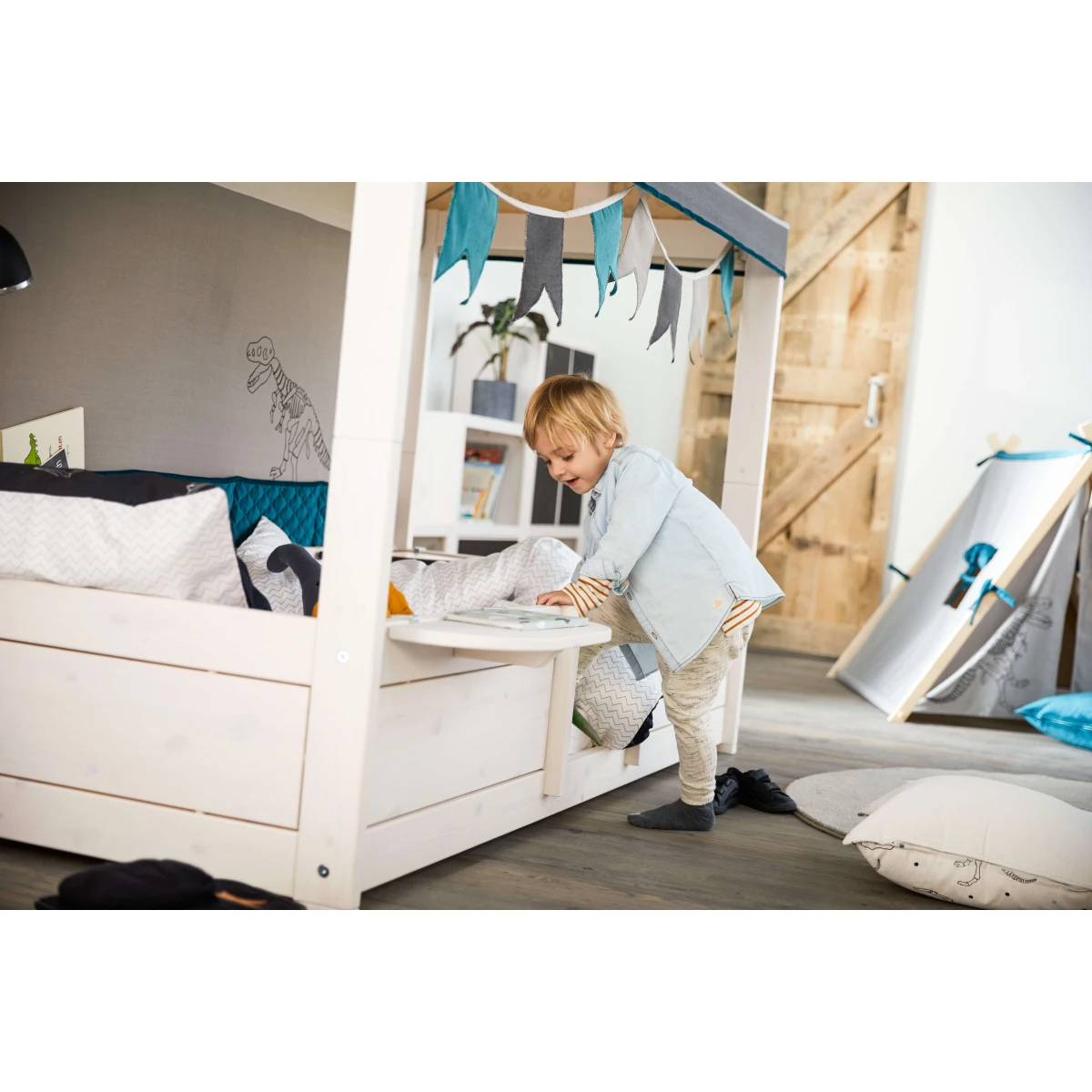 Lifetime Dino 4 en 1 lit pour toit en tissu, 90x200 cm avec cadre à lattes en rouleau Whitewash