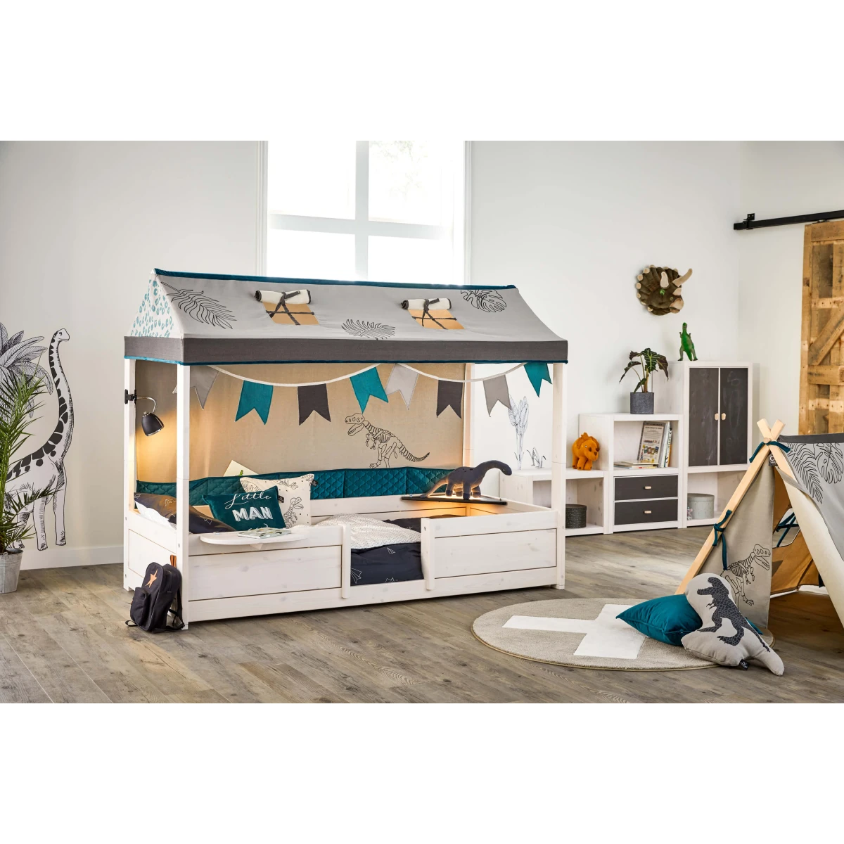 Lifetime Dino 4 in 1 letto per tetto in tessuto, 90x200 cm con telaio a doghe a rullo Whitewash