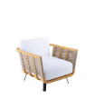 Welcome armchair in teak and cord with seat and backrest cushions