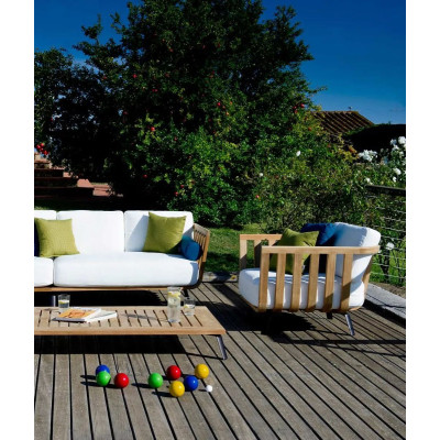 Fauteuil Welcome en teck avec coussins d'assise et de dossier