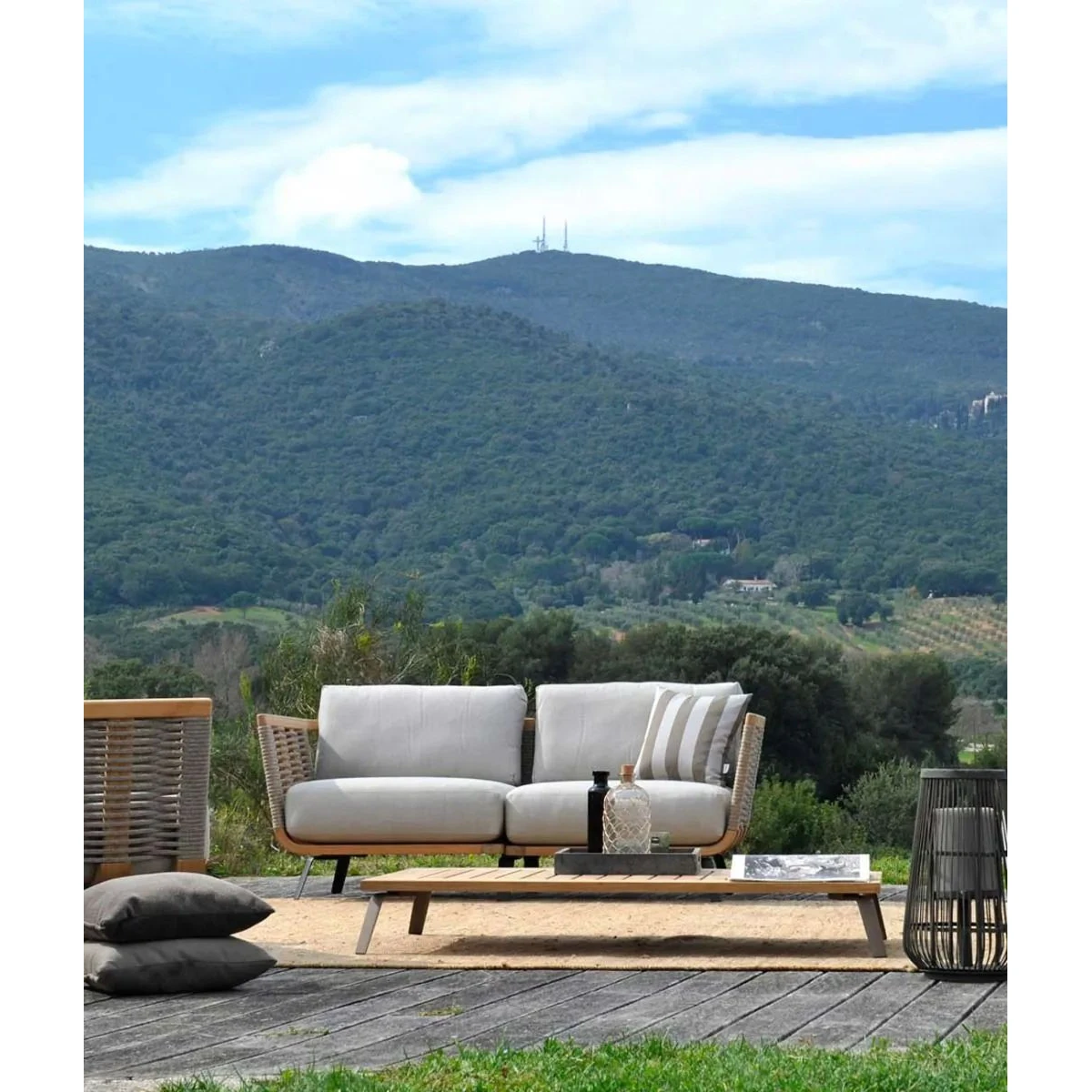 Modulo angolare destro Unopiù Welcome - Teak & corda, sinistro con cuscini di seduta e schienale