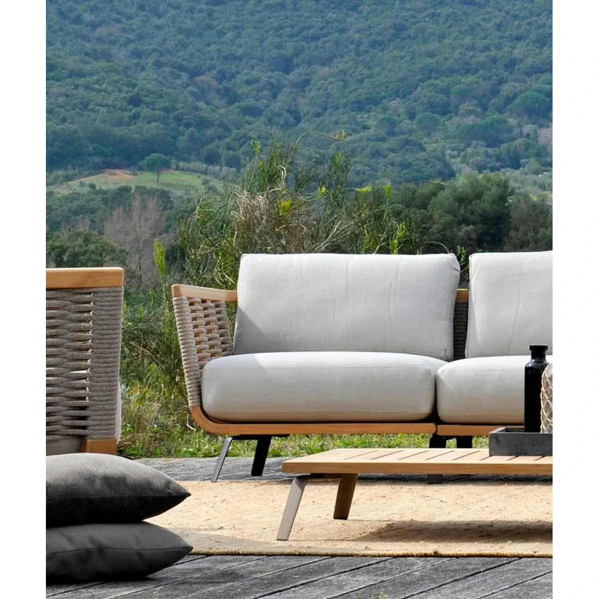 Unopiù Welcome Eckmodul - Teak & Seil, rechts mit Sitz- und Rückenkissen