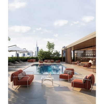 Square coffee table aluminium Salò by Unopiù, sand-coloured tubular aluminium frame
