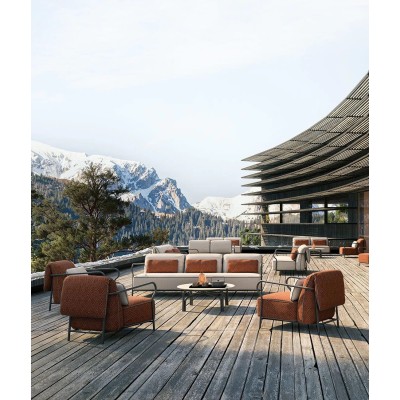 Salò round coffee table aluminium by Unopiù, sand-coloured tubular aluminium frame
