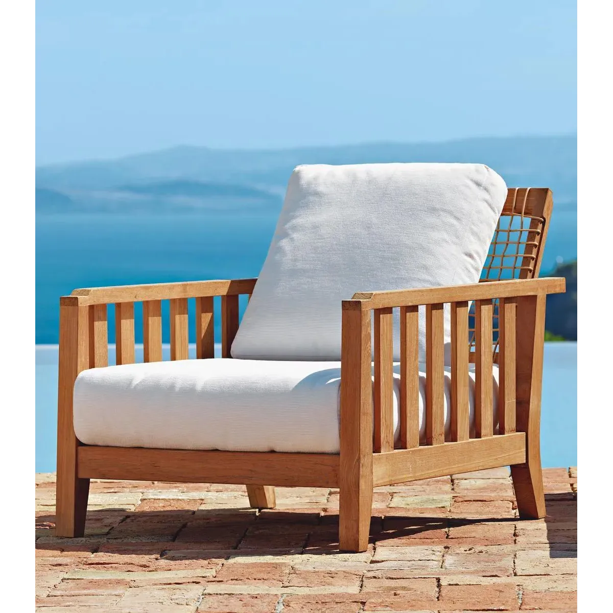 Synthesis Armchair by Unopiù: Teak Wood & Waprolace with Seat Cushion, Adjustable Backrest