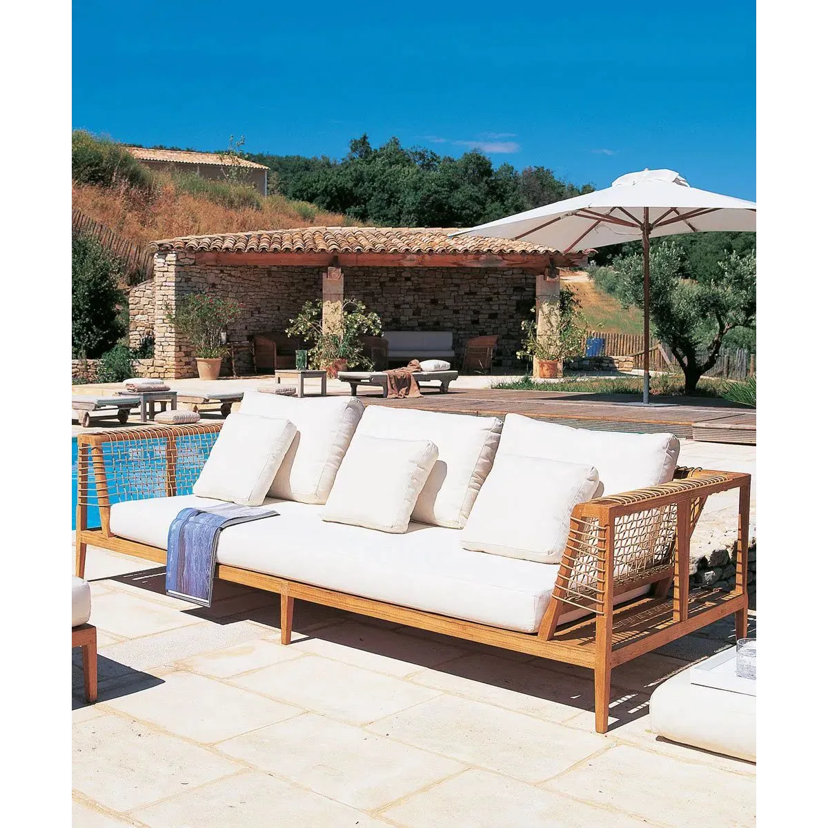 Synthesis Sofa by Unopiù: Teak Wood & Waprolace, with Cushions, L 260