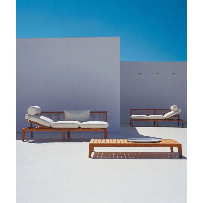 Synthesis Sofa Bed by Unopiù: Teak Wood & WaProLace, Adjustable Design with Cushions