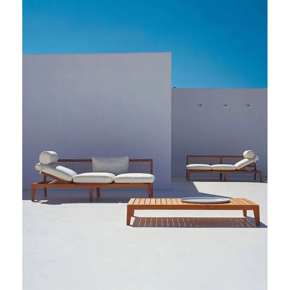 Synthesis Sofa Bed by Unopiù: Teak Wood & WaProLace, Adjustable Design with Cushions