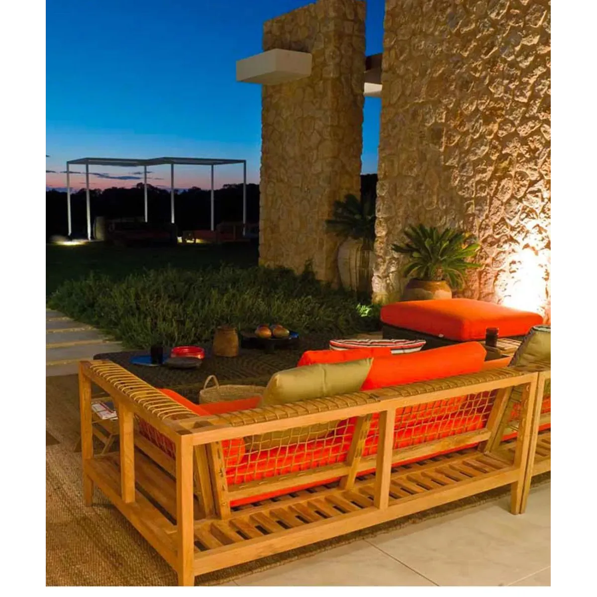 Unopiù Teak Wood Left Corner Module Synthesis with a seat cushion