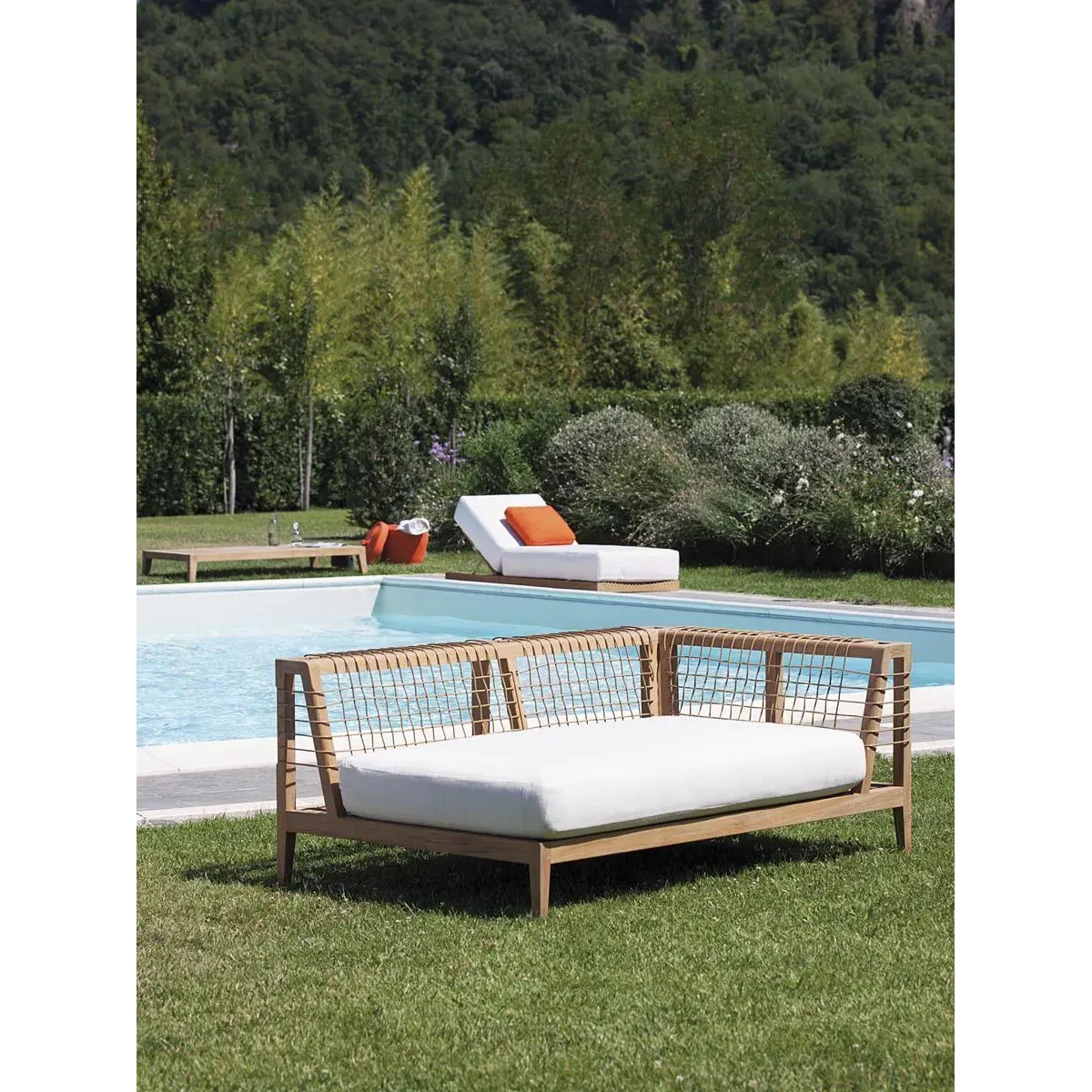 Unopiù Teak Wood Left Corner Module Synthesis with a seat cushion