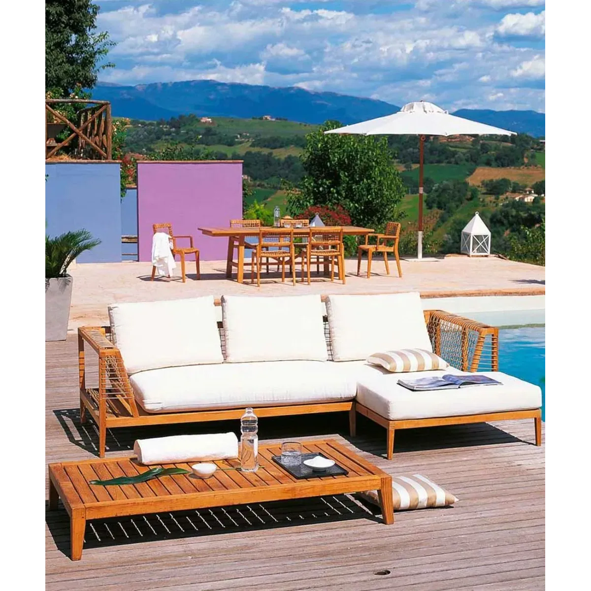 Right Corner Module Synthesis by Unopiù: Teak & Waprolace Elegance with cushion